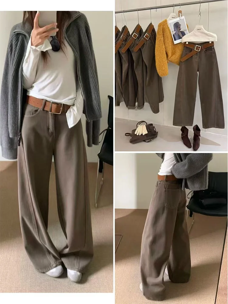 

Корейские женские широкие джинсы с высокой талией в стиле ретро, зимние теплые длинные брюки на подкладке, модные для поездок на работу