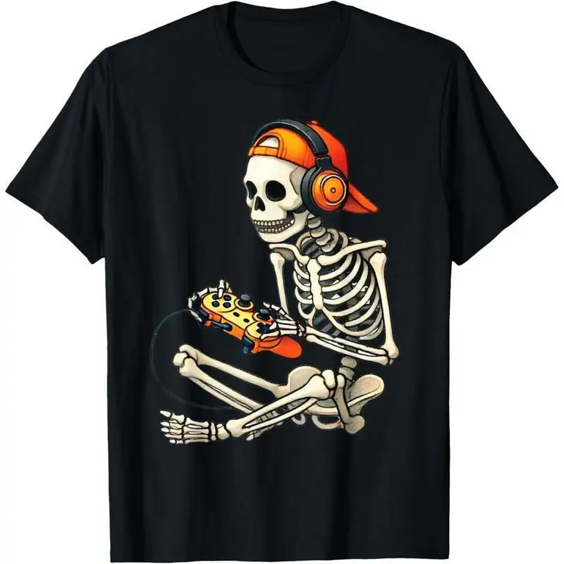 

Funny Skeleton Gaming T-Shirt Gamer Graphic Tee Skull with Headphone Video Game Lover Gift for Men Women Boys
