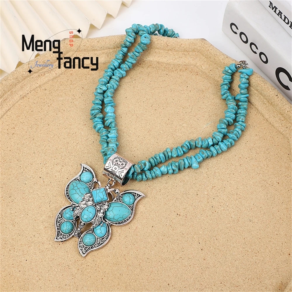 

Water-Drop Flower Turquoise Double-Layer Butterfly Necklace, A Personalized Retro Carved Heavy Industry Necklace Accessory