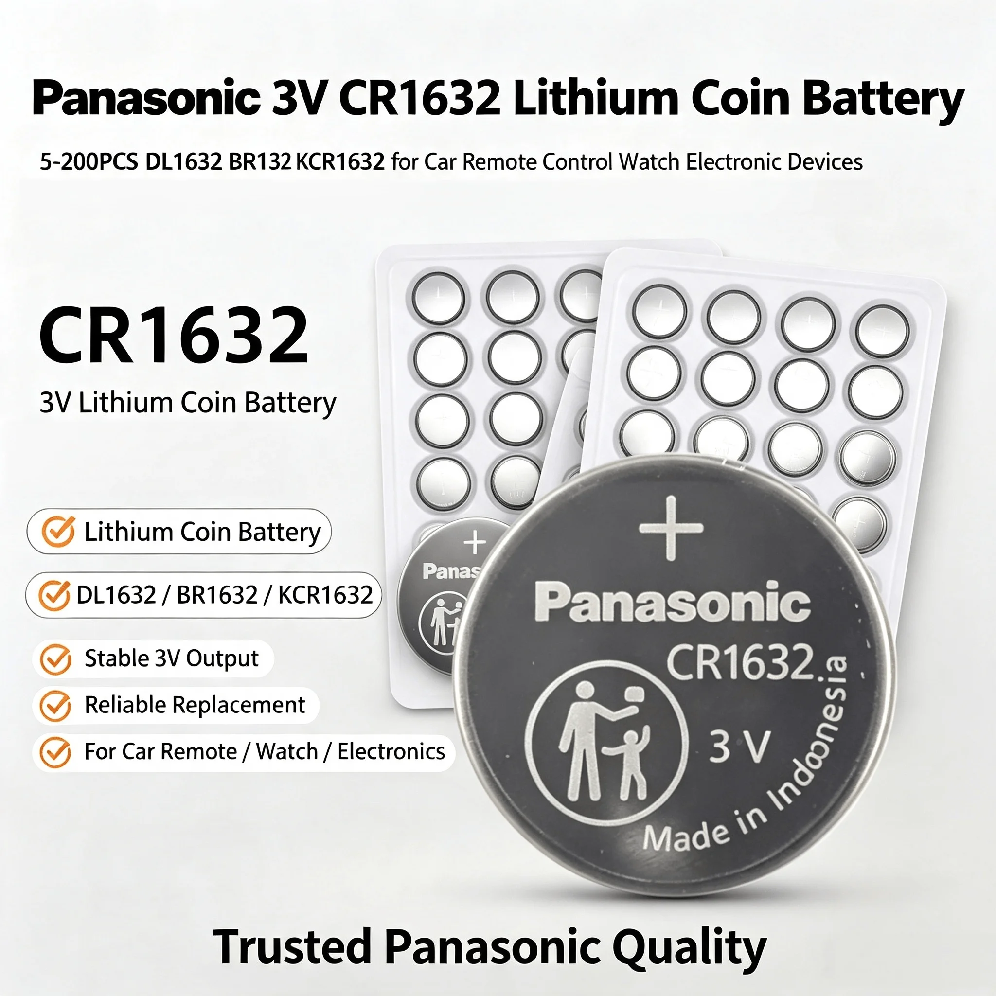 Panasonic 5‑200PCS 3V CR1632 Lithium Coin Battery DL1632 BR1632 KCR1632 For Car Remote Control Watch Electronic Devices
