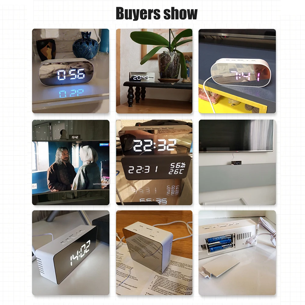 LED Mirror Digital Alarm Clock Night Lights Thermometer Wall Clocks Lamp Square Rectangle Multi-function Table Watch USB/AAA