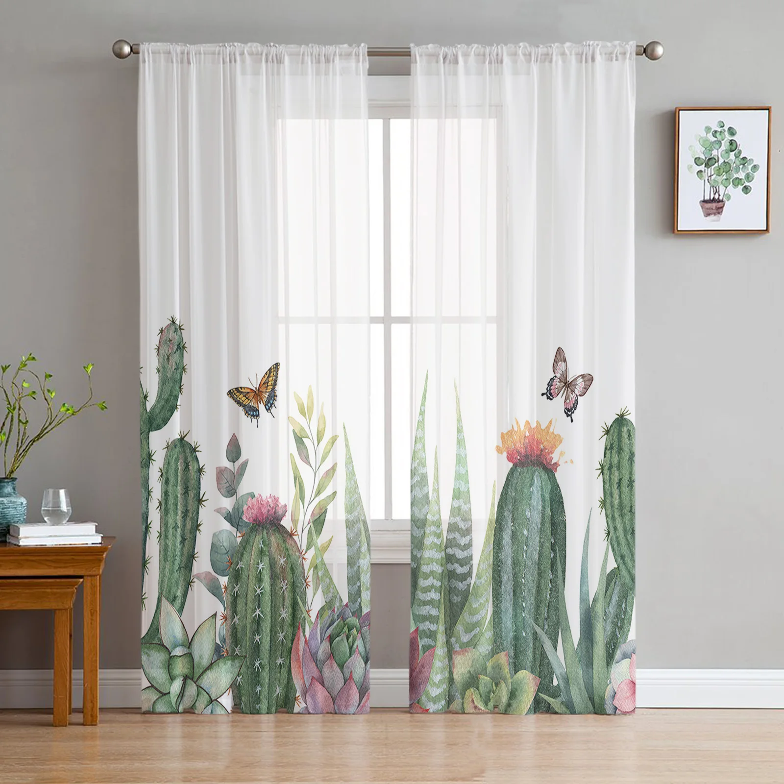 Ins Style Cactus Tropical Plants Sheer Curtains Christmas Decorations for Home Window Tulle Curtains for Living Room Bedroom