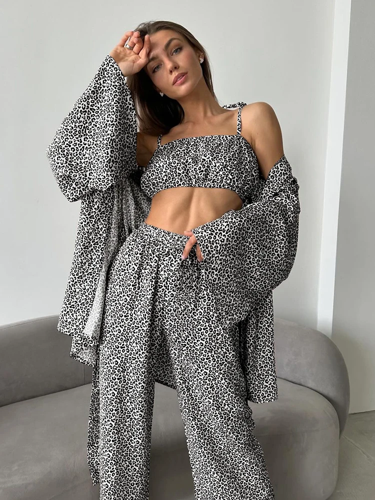 

Hiloc Summer Loose Leopard Pants Pajamas Sets 3 Pieces Fashion Print Loose Shirts Sexy Crop Tops Casual Pants Nightwears Female