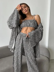 Hiloc Summer Loose Leopard Pants Pajamas Sets 3 Pieces Fashion Print Loose Shirts Sexy Crop Tops Casual Pants Nightwears Female