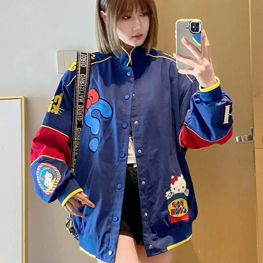 

Kawaii Hello Kitty Women Baseball Uniform Coat Anime Sanrio Spring Cute Embroidery Coat Tops Girl Loose Leisure Locomotive Suit