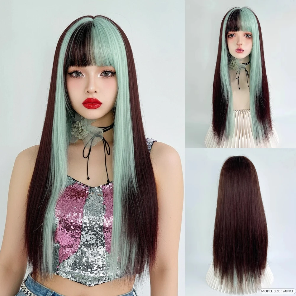 

Термостойкий синтетический парик в стиле Лолиты, зеленый и коричневый, для женщин, длинный прямой фасон с челкой, для косплея, вечеринок и повседневной носки