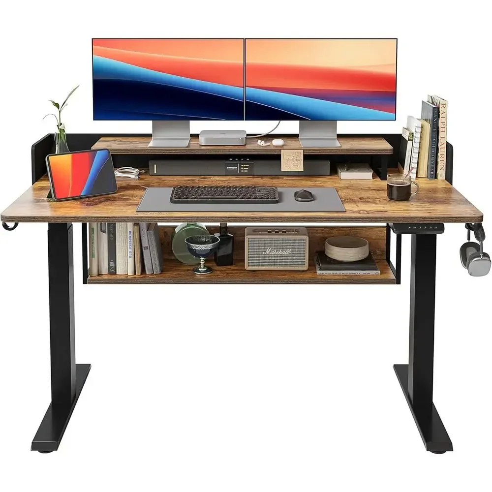55 Adjustable Height Desk with Shelves, 55x24 Rustic Brown Stand-Up Workstation