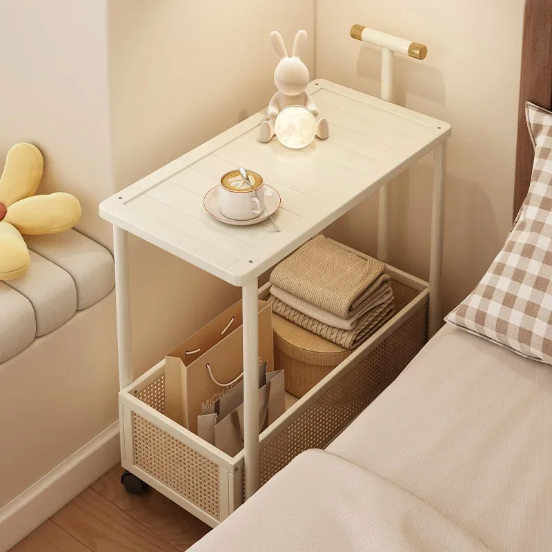 Solid Wood Cream Side Table Small Bedroom Bedside Wind Household Movable Shelf Trolley Non Crevice Cabinet