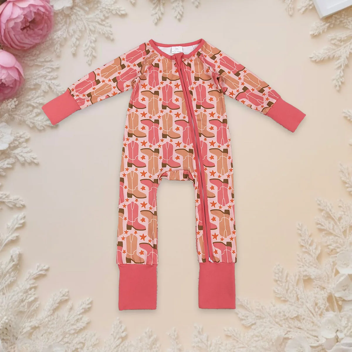 Newborn Infant Baby Girl Romper Crewneck Long Sleeve Zipper Footie Sleepers Boots Stars Western Print Toddler Fashion Clothes