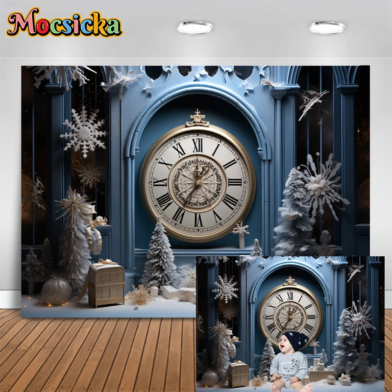 

Mocsicka Photography Background Winter Christmas Xmas Tree Clock Backdrop Cake Smash Kid Portrait Photo Banner Studio Prop