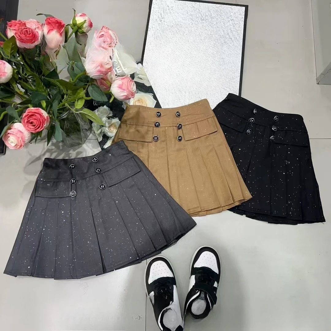 

Black Kids clothes Girls skirt Pleated gray College Style 2025 New