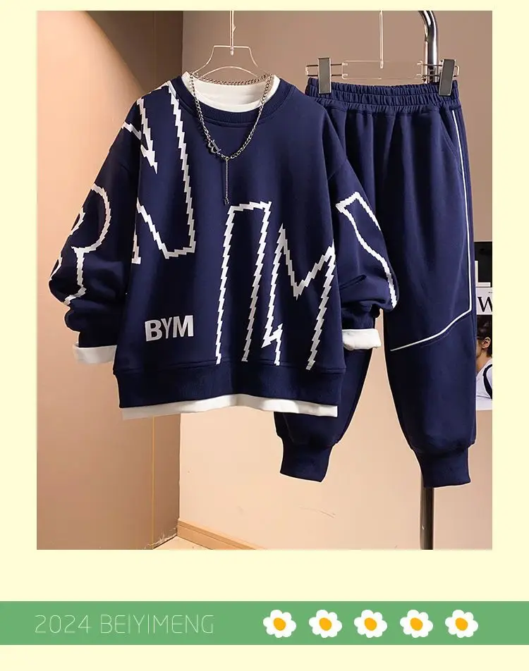 Conjunto para meninos adolescentes primavera e outono carta impressa manga comprida calças esportivas casuais conjunto de duas peças