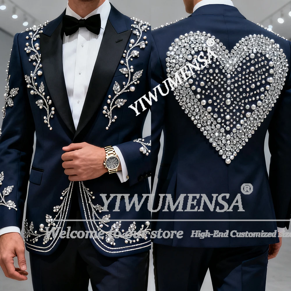 

Блестящие костюмы с камнями из бисера, мужские комплекты из 2 предметов, куртка с остроконечными этикетками, брюки, индивидуальные свадебные смокинги для жениха, экстравагантные наряды