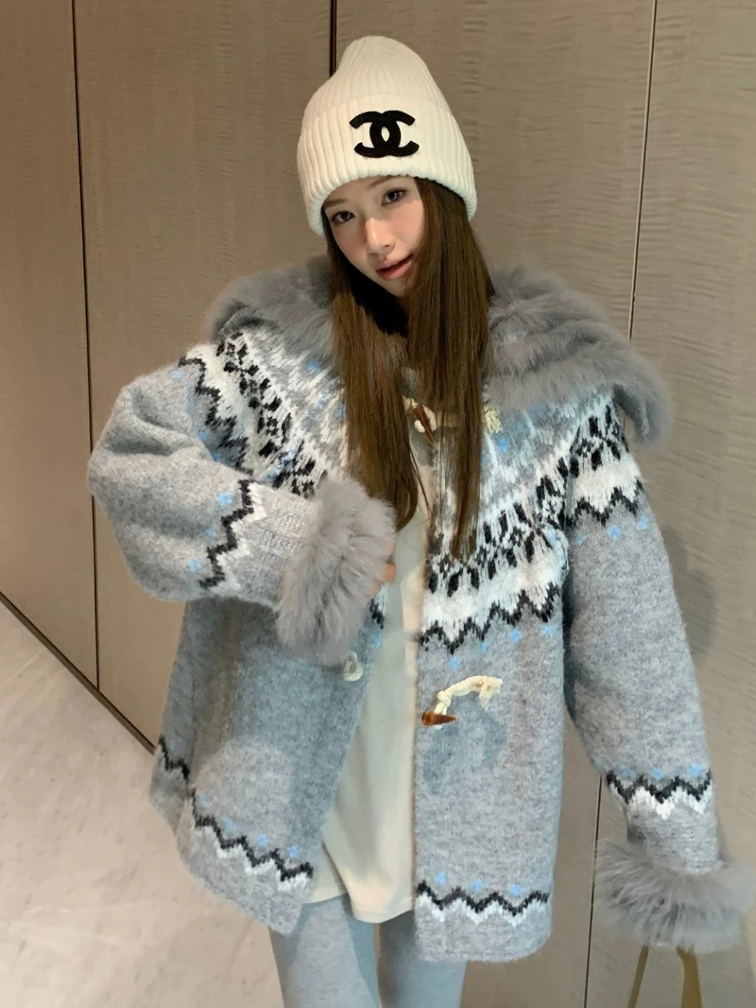 Women's Knitted Open Cardigan Spring Autumn New Loose Design Hat with Fur Collar Vintage Style Long Sleeve Regular Length