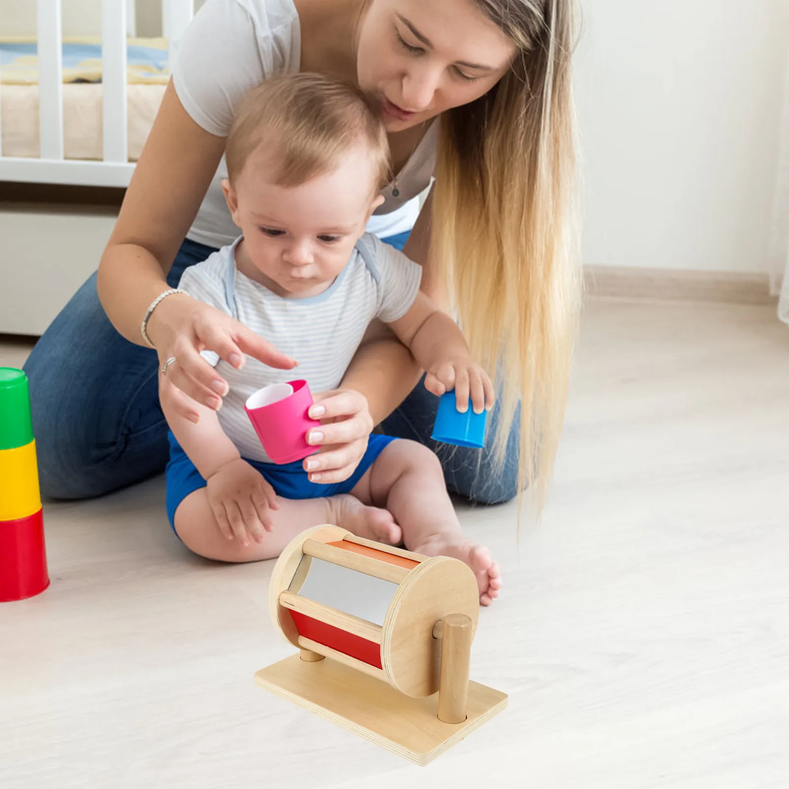 

Textile Drum Wooden Montessori Educational Baby Hand Eye Coordination Color Recognition Early Learning Plaything