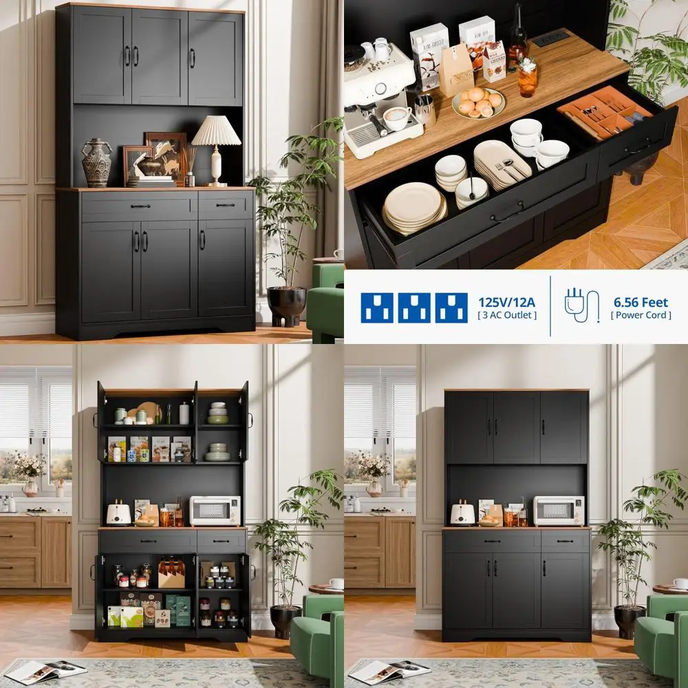 خزانة مطبخ بطول 71 بوصة مع أدراج ومخرج طاقة، وتخزين مخزن على طراز المزرعة، وبار قهوة خشبي كبير #1