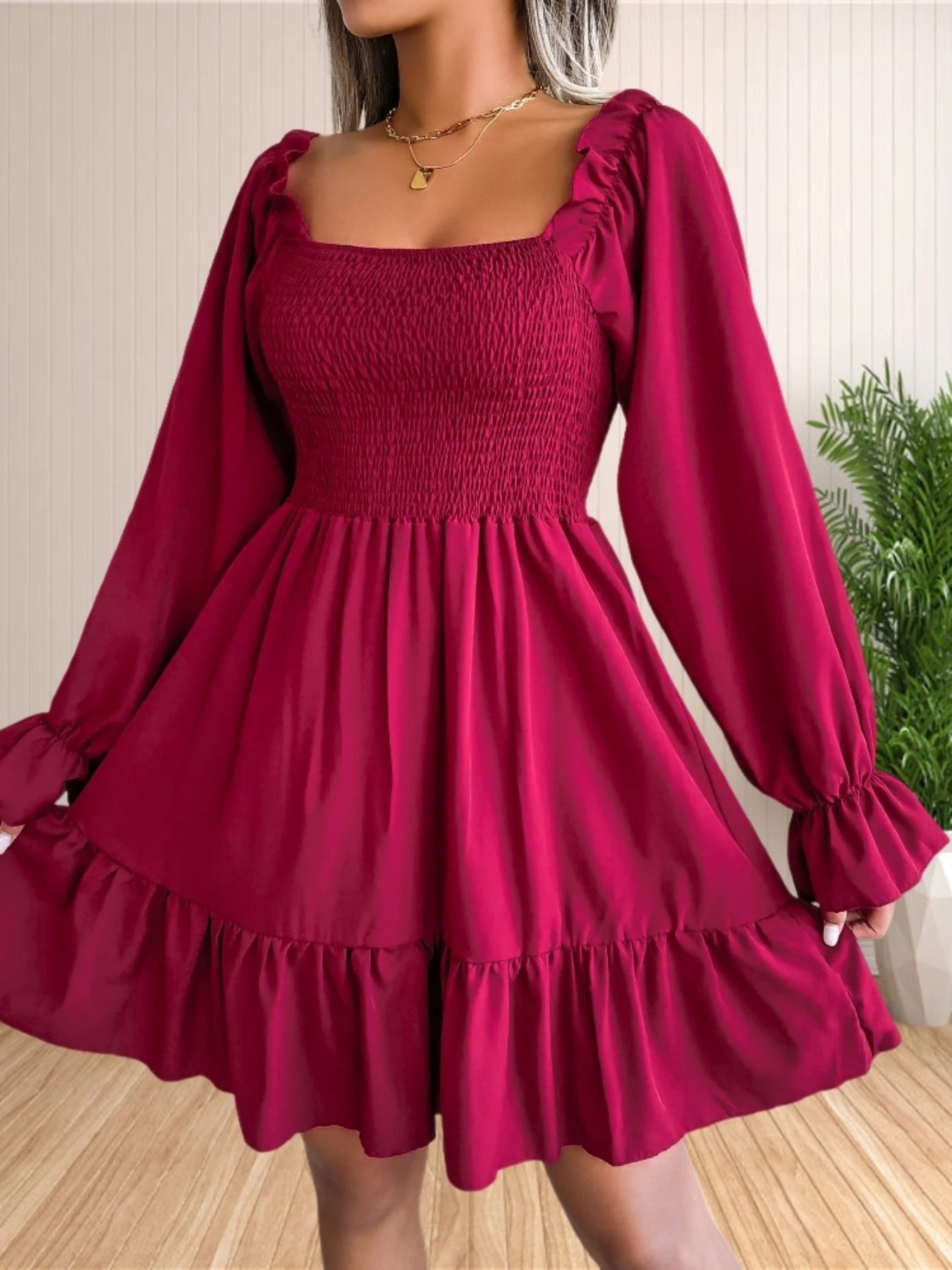 Womens Puff Sleeve Smocked Dresses Square Neck A Line Swing Flowy Ruffle Hem Babydoll Mini Dress