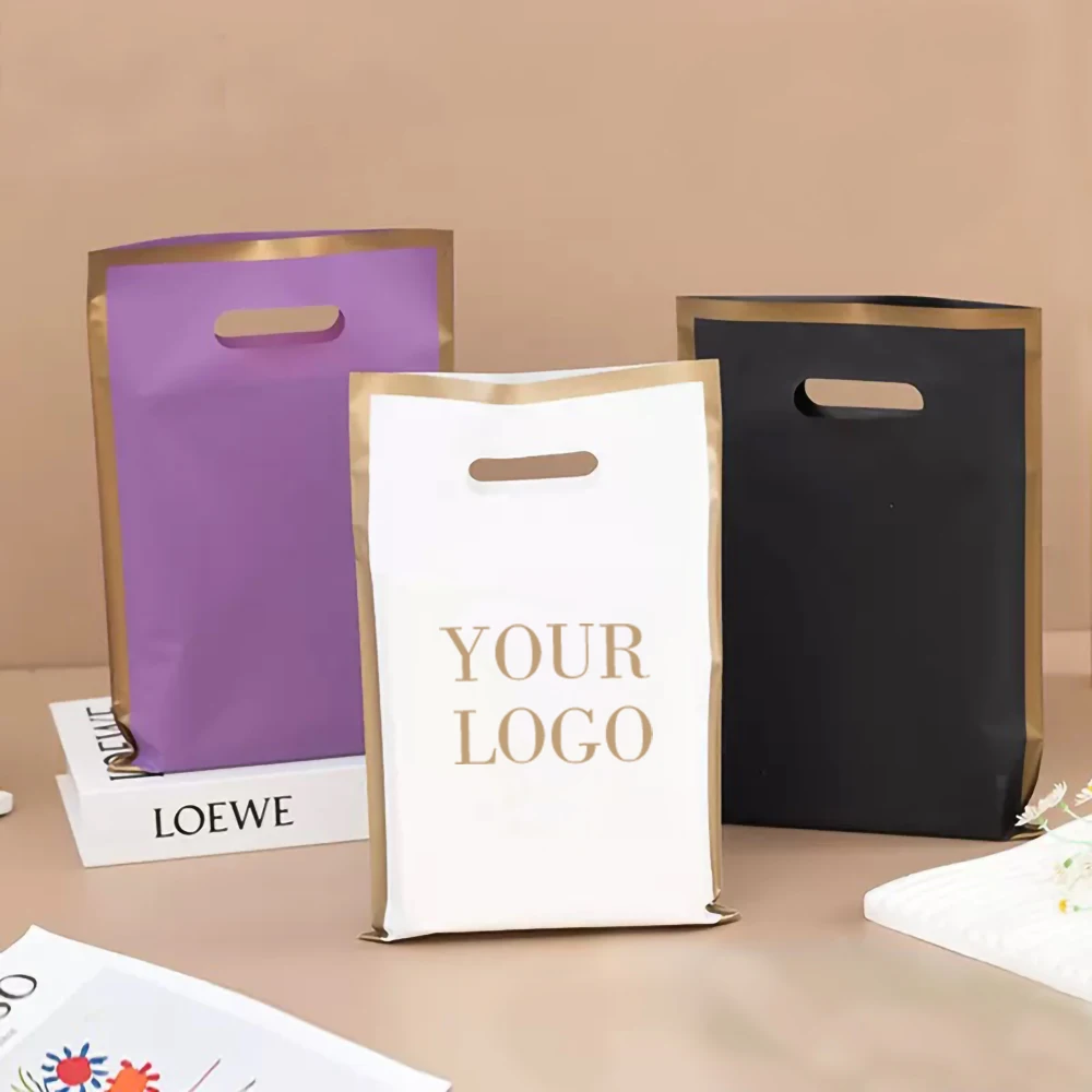 

100Pcs/lot Custom Bags Print One Color Logo Gold Border Gift Bags Packaging Bag for Small Business Customize Logo Personal Bags