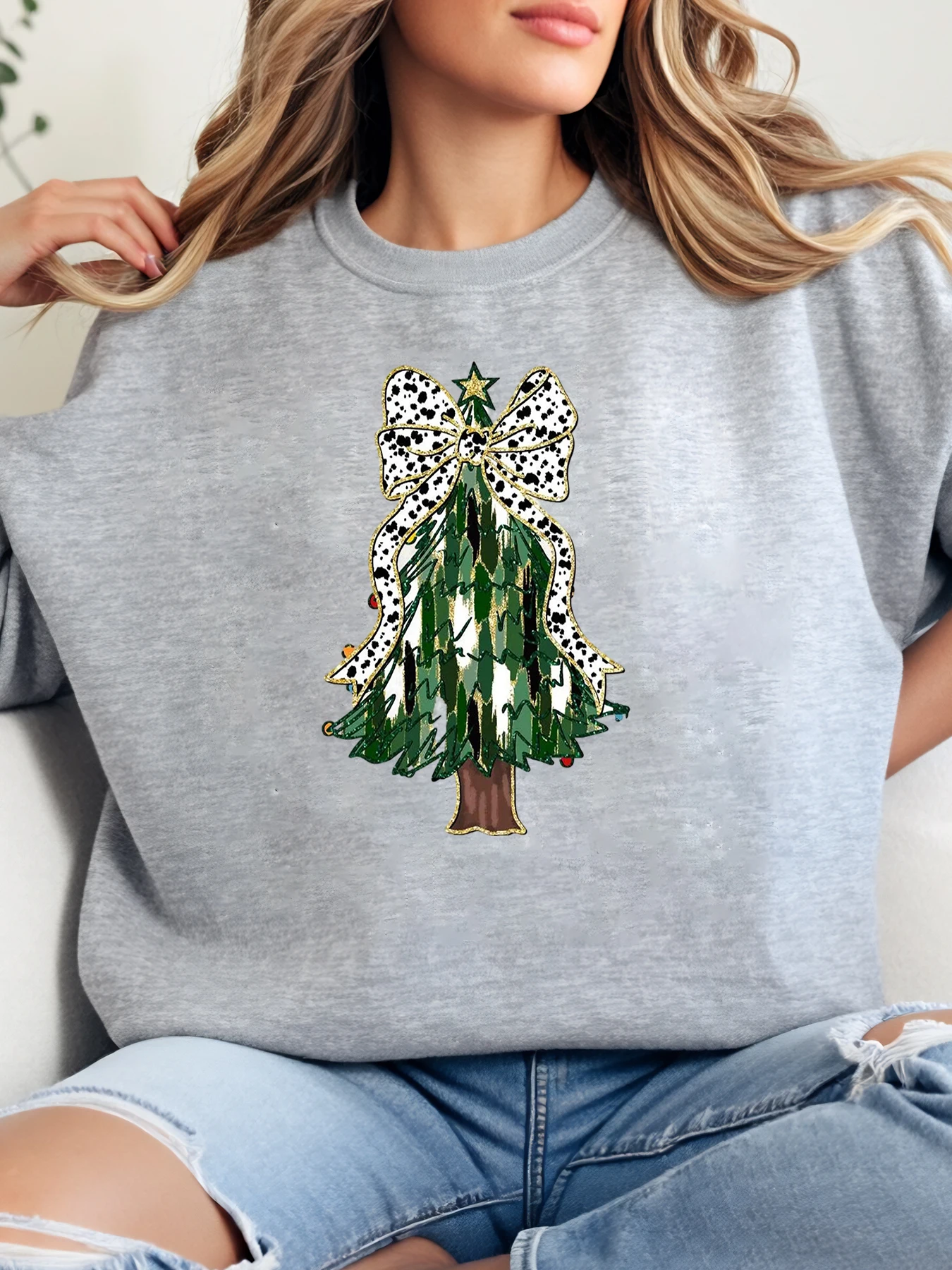 

Рождественская елка с леопардовым бантом, Рождественский свитшот с круглым вырезом, женская повседневная праздничная одежда, серый, больших размеров