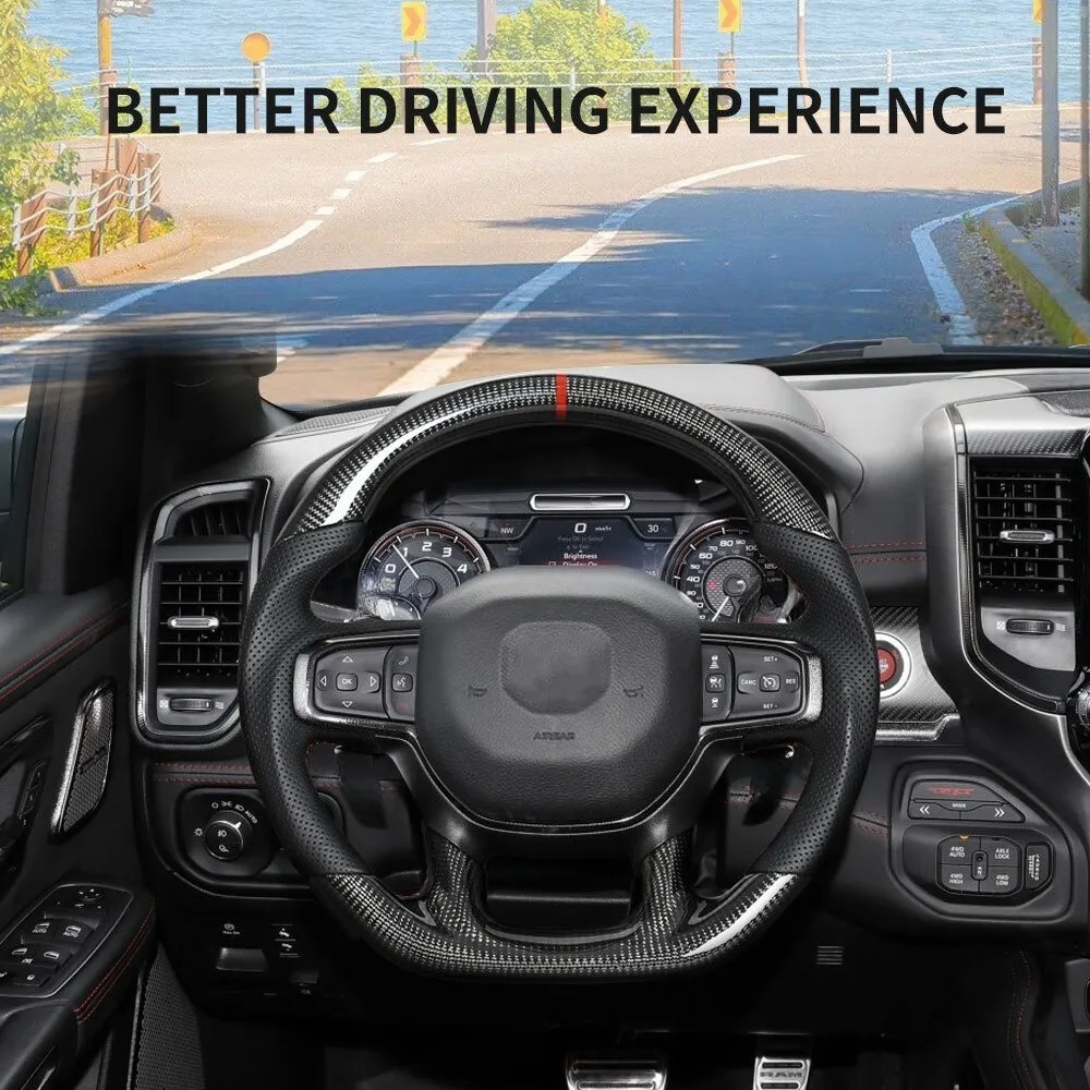 

Dry Carbon Fiber Steering Wheel Round Top Flat Bottom Red Stitch Fit For Dodge RAM 1500 2019-2024 Heated Racing Steering Wheel