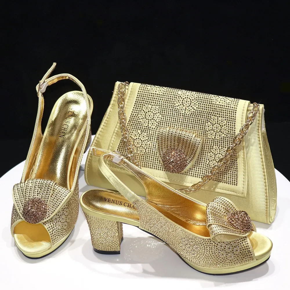 Venus Chan 2024 Italian Design Girly Style Golden Color Wedding Shoes And Bag Full Diamond Decoration Metal Closure Bags image 3