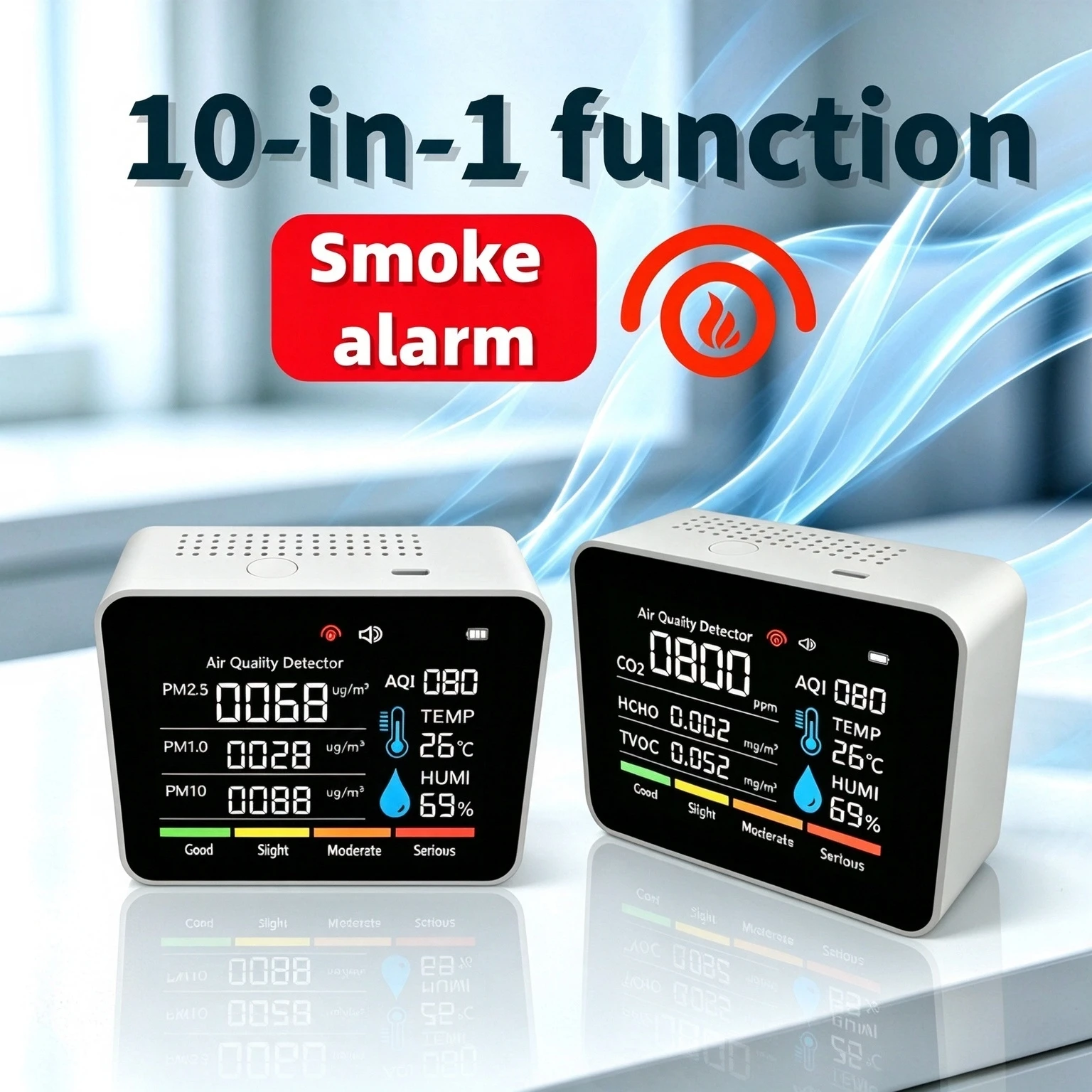 10 in 1 Functional Air Quality Detector, Smoke Alarm, CO2、PM2.5、AIQ、 Formaldehyde TVOC、 Temperature and Humidity