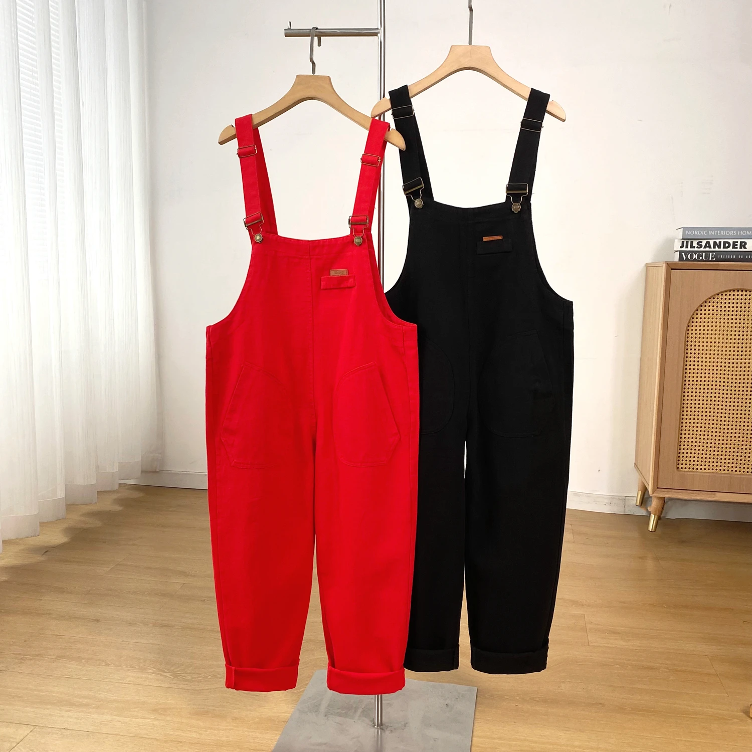 

Red Denim Overalls Women's Korean Sle Age Reduction Slimming Workwear Long Pants Trendy Deep Color Long Trousers