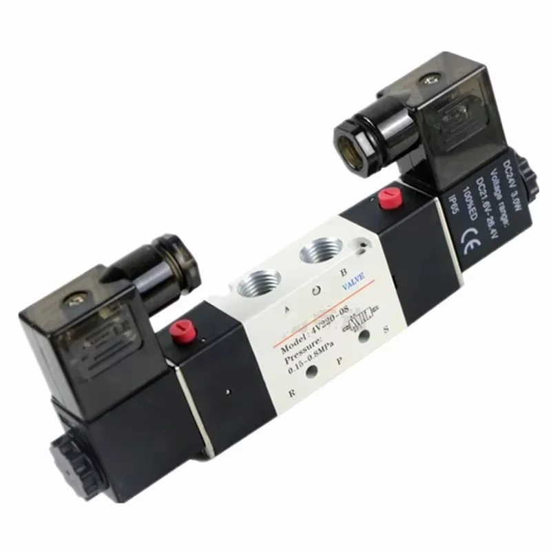 

4V220-08 Air Pneumatic Solenoid Valve 5 way 2 Position 1/4" Aluminum Alloy Internal E 12VDC 24VDC 110VAC 220VAC 0.15-0.8Mpa