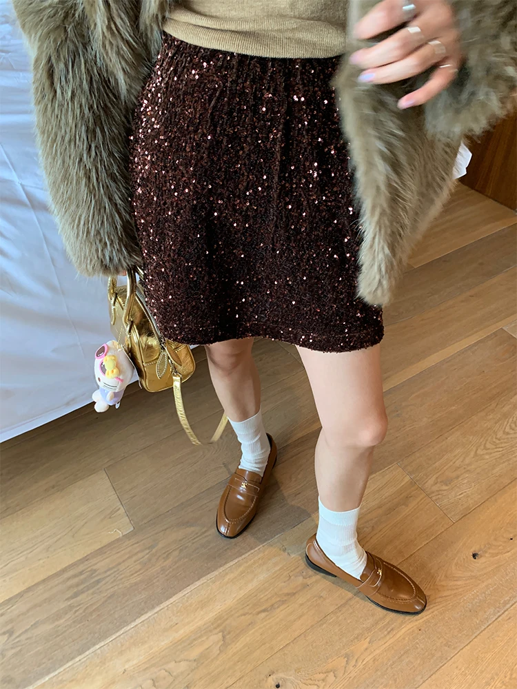 

Женская юбка А-силуэта с пайетками, новая модель весна-лето-осень, короткая облегающая юбка в корейском стиле из полиэстера