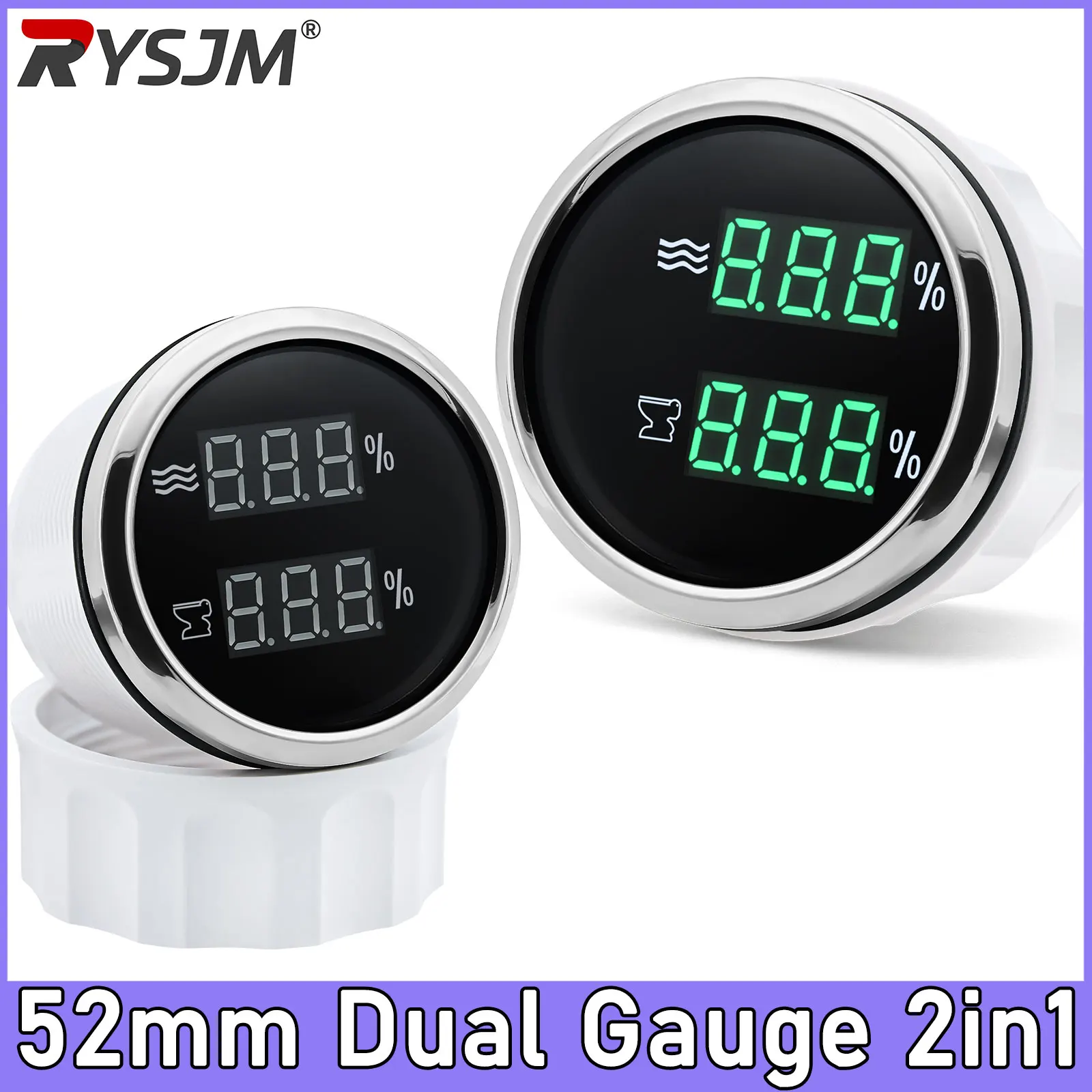 Digital  Dual Meter 52mm Gauge Water Level Gauge+Sewage Level Gauge 0-190 ohm with Alarm HTG for Car Boat Yacht 12V24V Green