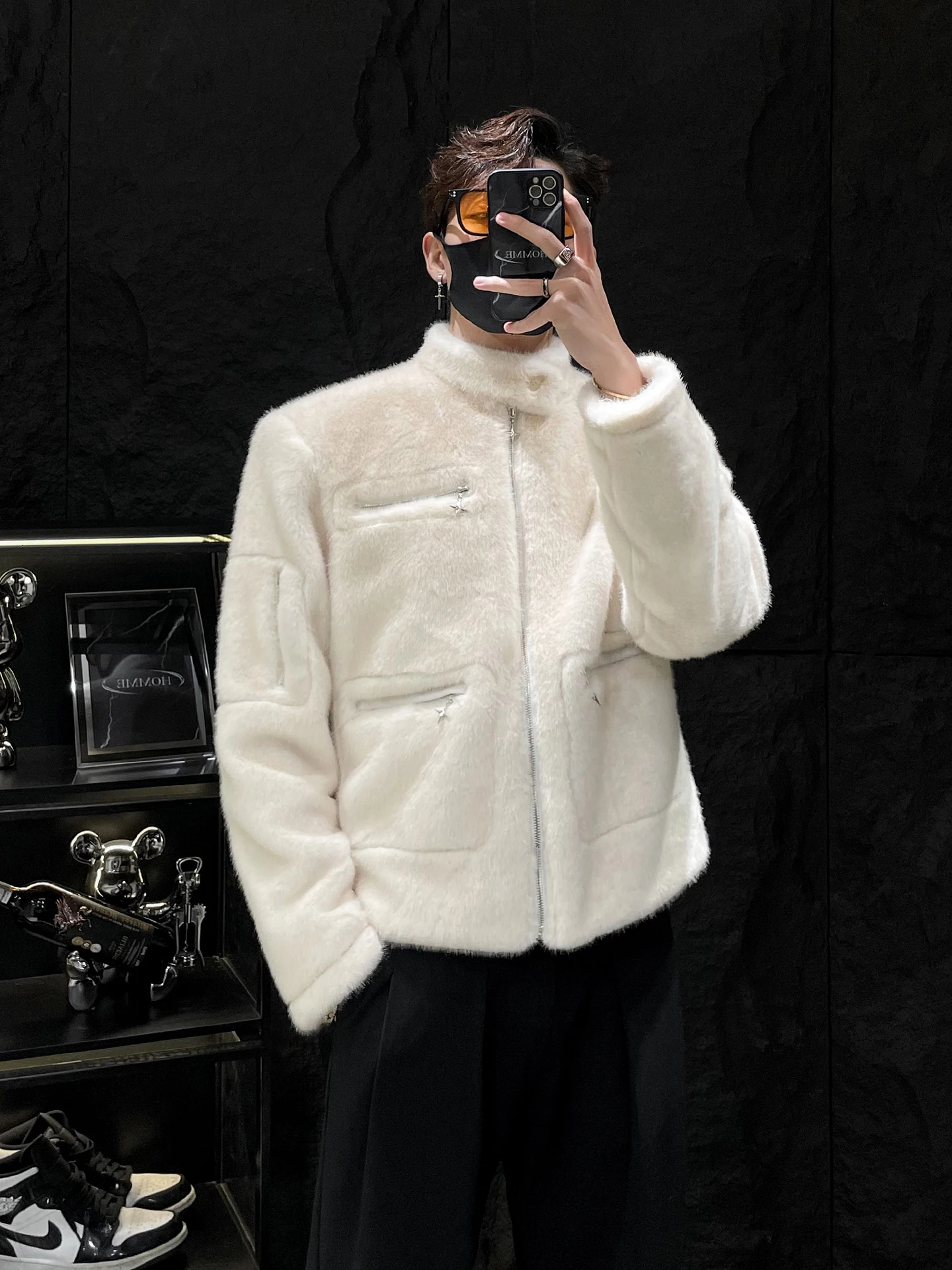 HOMME Herren Ort Kaninchenfell Jaet Stehkragen Warm Casual Faion Oberbekleidung Thiened Loose Fit Reißverschluss Mantel