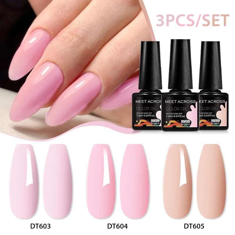 MEET ACROSS 3Pcs/Set Macaron Color Gel Nail Polish Spring Nail Art Gel Vernis Semi Permanent UV Gel Soak Off Base Top Coat Kit