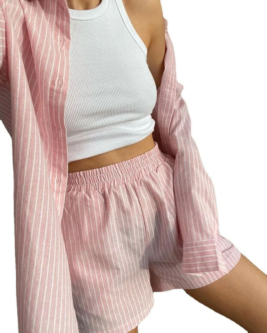 Loung Wear Tracksuit Women Shorts Set Stripe Long Sleeve Shirt Tops And Loose High Waisted Mini Shorts Two Piece Set 2022