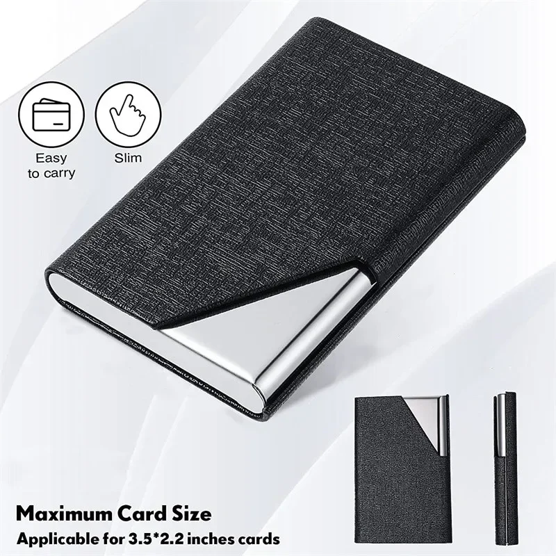 95*63mm Business Card Holder with Magnetic PU Leather Stainless Steel Business Card Case ID Name Card Case for Men Women Office