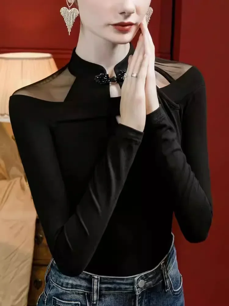 Vintage Irregular Mesh Long Sleeve T-Shirt, Show Collarbone Tops for Fall and Winter, Unique Qipao Base Shirt for Women