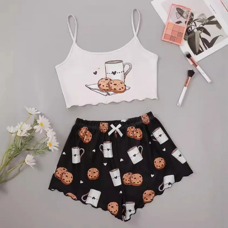 

SURI Women's Pajamas Set Sexy Lingerie Leopard Print Sling Sleepwear V-Neck Sleeveless Top and Shorts Sets Pyjamas Homewear