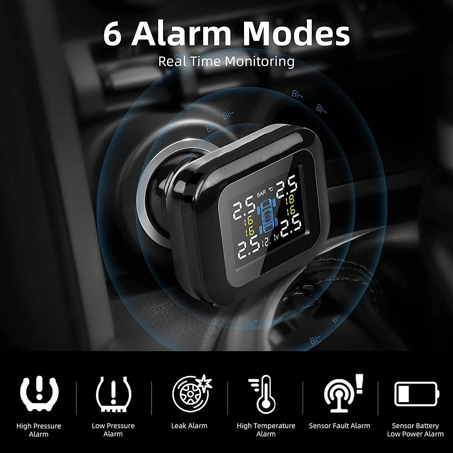 Car TPMS Tire Pressure Monitoring System Car Cigarette Lighter Alarm Tire Pressure Gauge Temperature Warning with 4 Sensors ATV