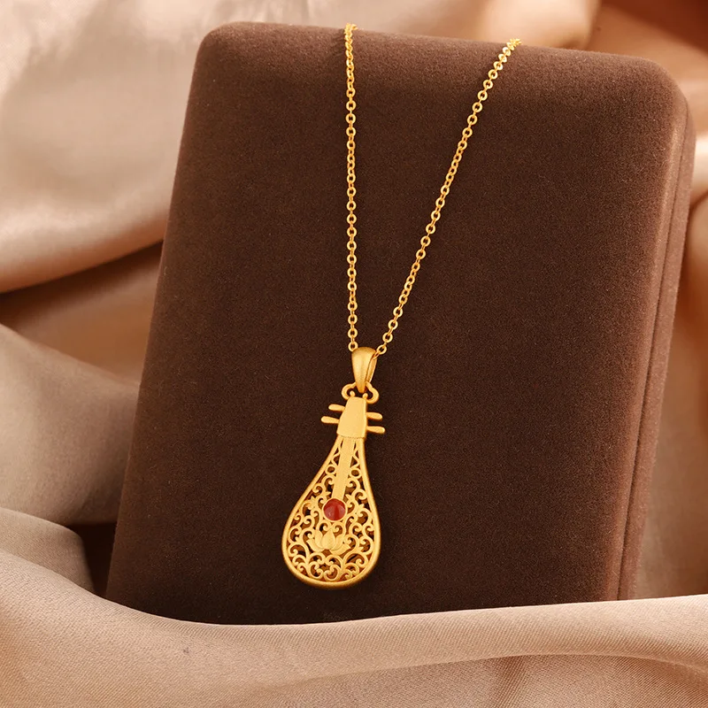 999 Silver Pendant With Enamel And Pipa Design, Musical Instrument-Shaped, New-Style Necklace