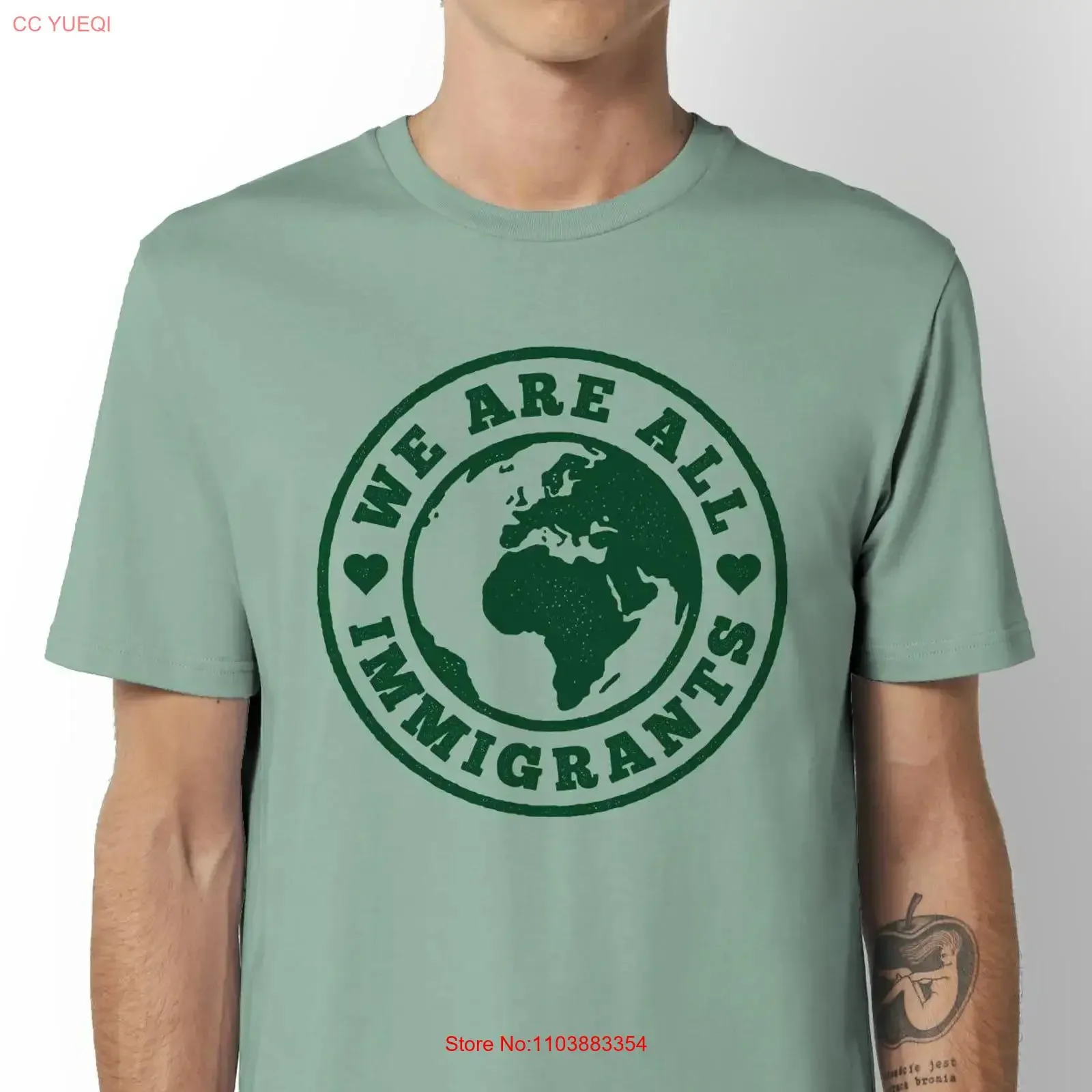 Nous sommes tous immigrants T-SHIRT UNISEX Terre Unité du monde Vegan Bio Eco Friendly vintage Lavé Haut élégant pour un usage quotidien