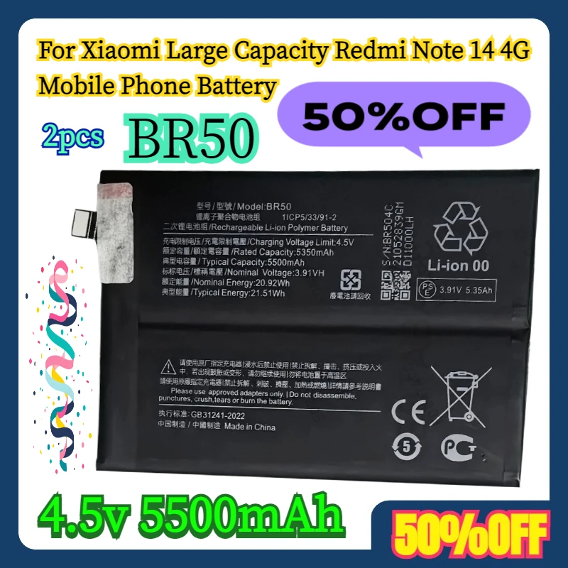 

2pcs 4.5v 5500mAh For Xiaomi BR50 Large Capacity Redmi Note 14 4G Mobile Phone Battery