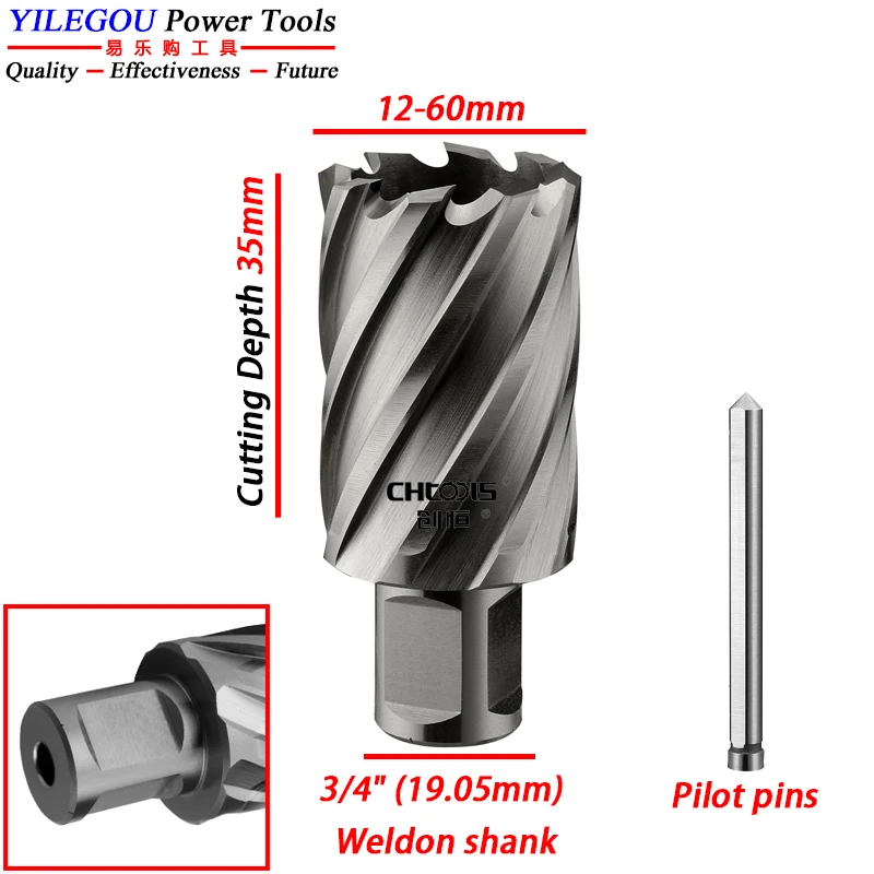

Диаметр 12-60 мм x 35 мм фрезерный кольцевой резак с хвостовиком Weldon 3/4 дюйма. 22x35 мм высокоскоростное стальное сверло 35 мм Быстрорежущая металлическая кольцевая пила