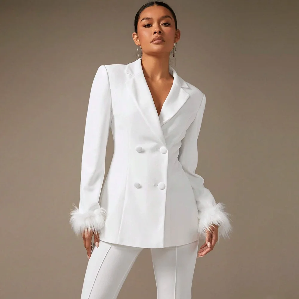 

Двубортный белый женский костюм, комплект из 2 предметов, куртка, брюки, стильный пиджак с перьями, комплект для выпускного вечера, Trajes De Mujer Elegante