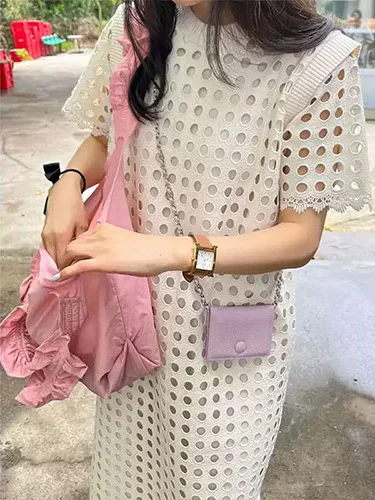 

Korean Chic Summer Ele round Ne Hollow out Design Loose ort Sve Dr Women's Faionable mat Sle Dr