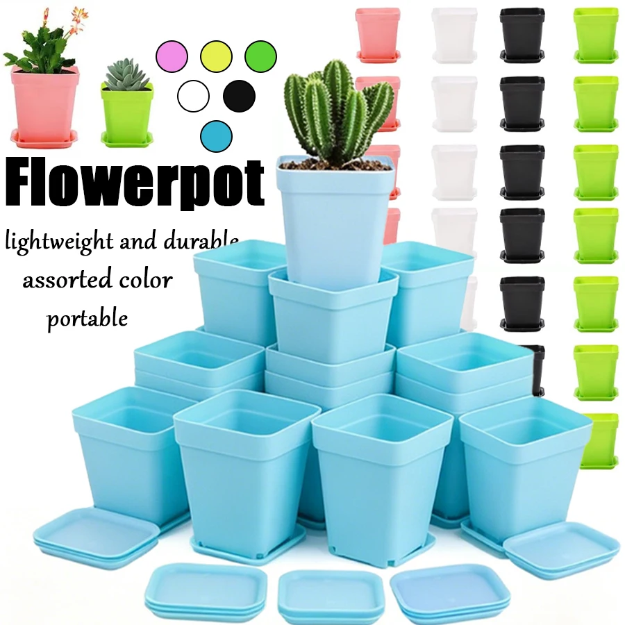 8/10/20pcs Colorful Square Flower Pot with Tray Office Indoor Outdoor Decor Flower Beds Garden Nurseries Plastic Flowerpot XJM