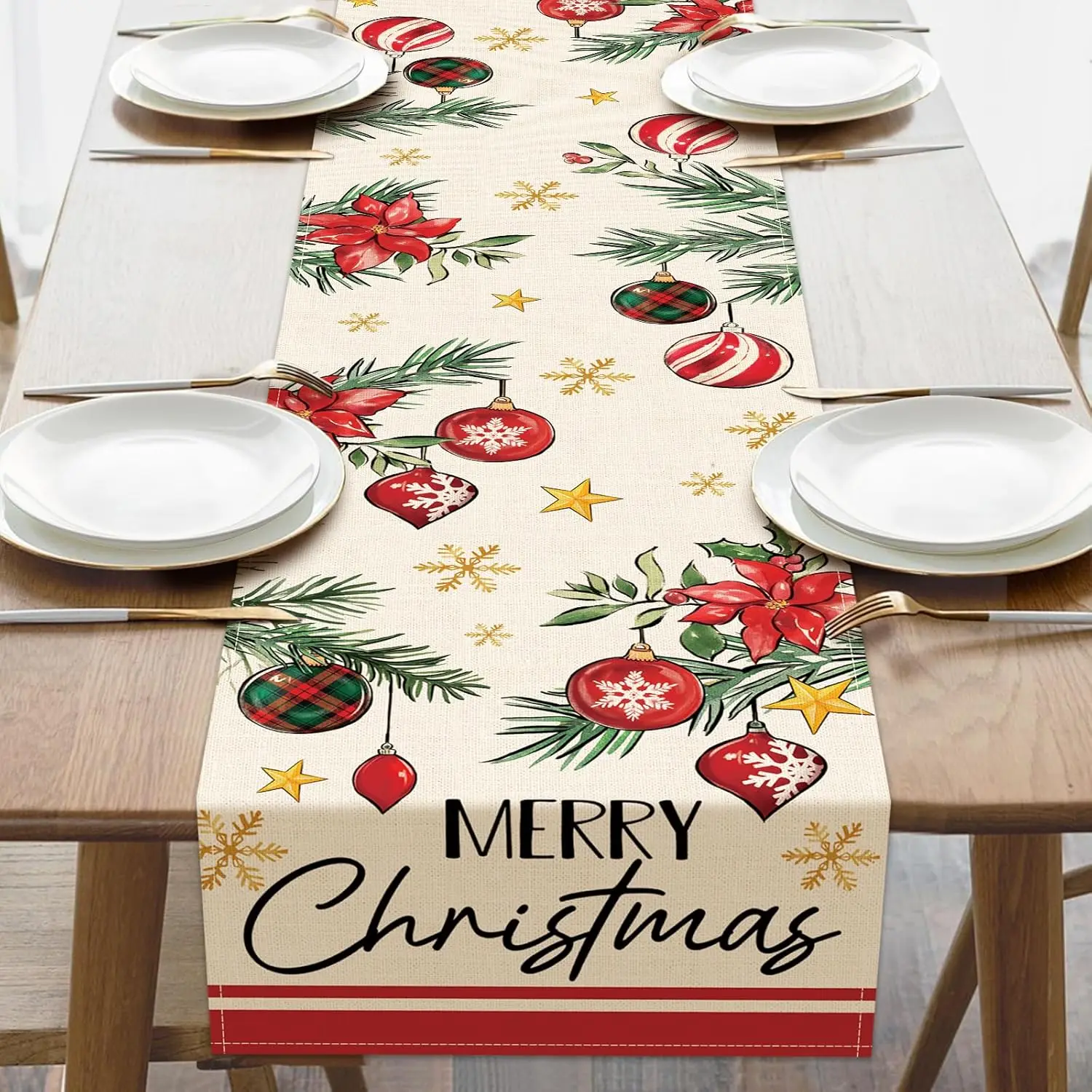 Christmas Poinsettia Pine Needle Holly Linen Table Runner Party Decor Reusable Winter Kitchen Dining Table Runner Xmas Decor