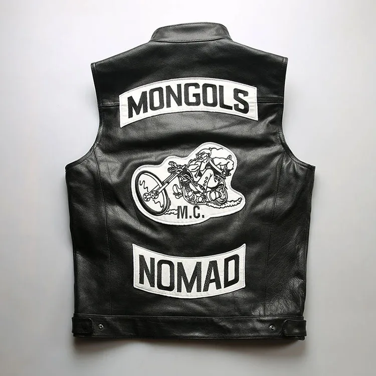 Mens Motorcycle MONGOLS Real Leather Vest Biker Waistcoat Black Cowhide Embroidery Patch Genuine Leather Sleeveless Jackets