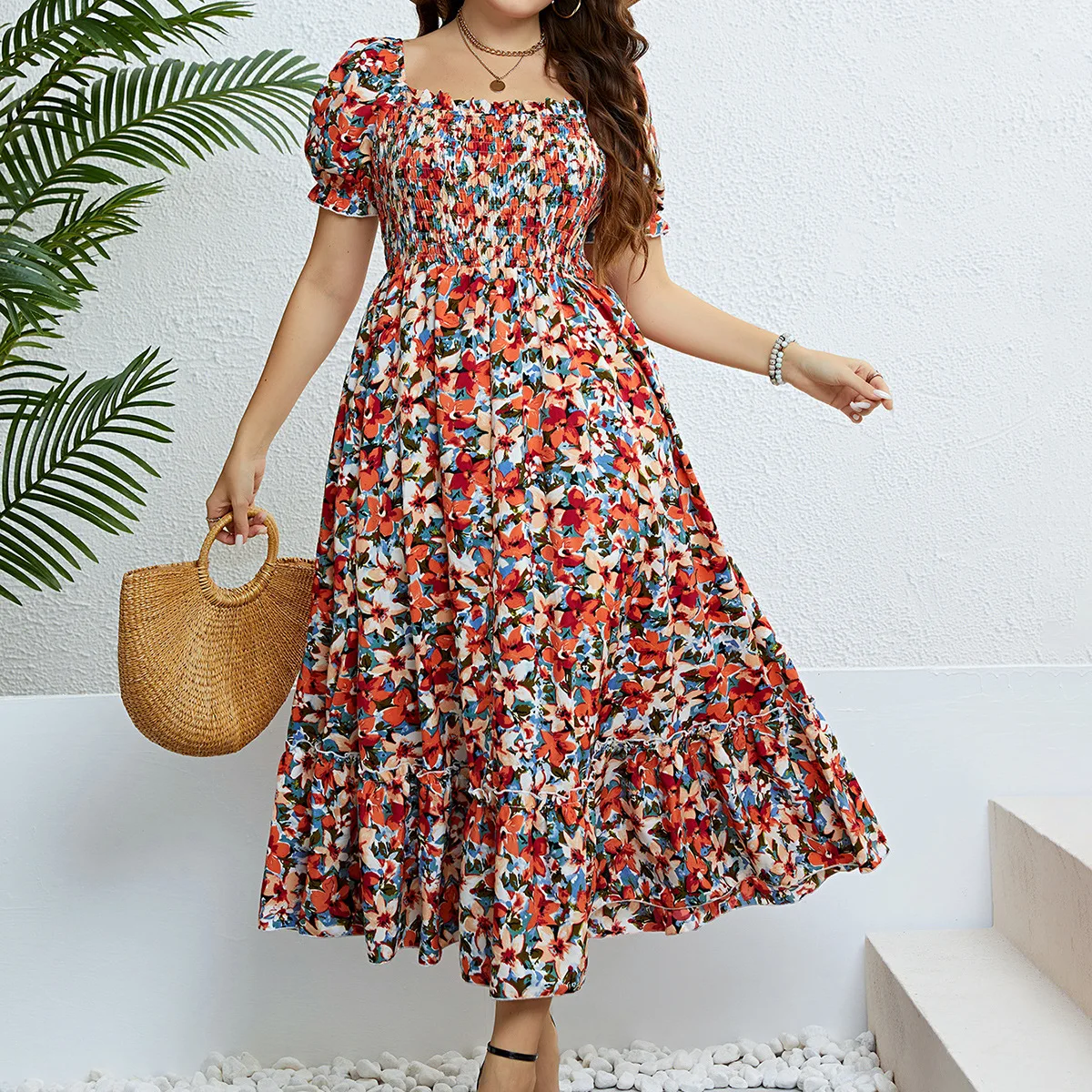 Summer Floral Plus Size Dress Long Dress for Women Beach Wear Bohemian Style Plus Size Women Clothing Ankel Length