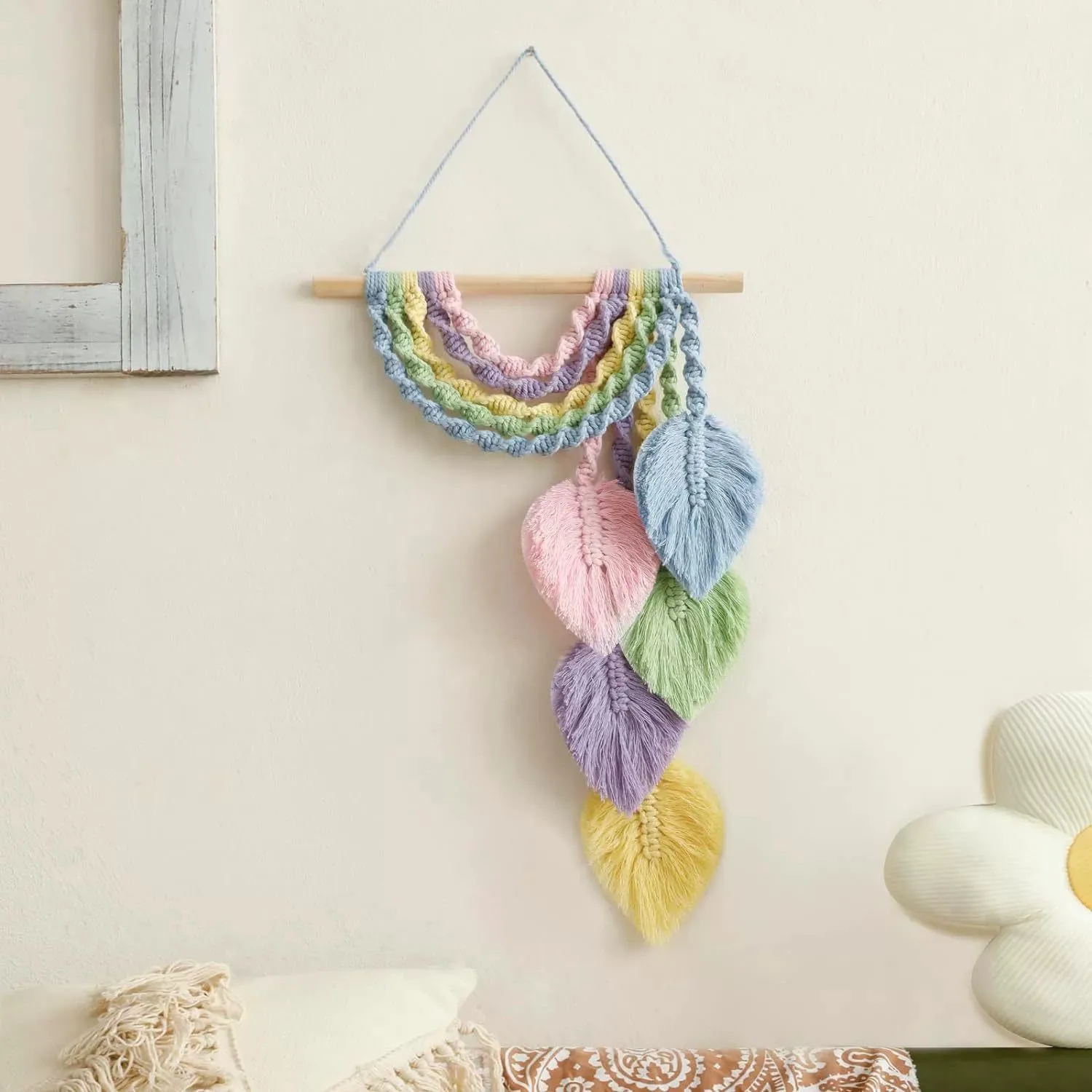 Tapestries Rainbow Leaves Feather Patterns Nordic Style Woven Tapestry Household Home Wall Hanging Decoration with Wooden Sticks
