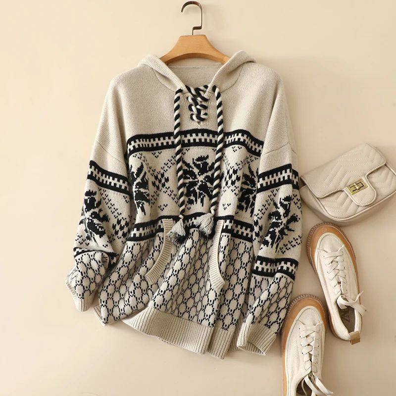 

masigoch autumn winter europe new chic small brand knitwear 7gg thick luxury 100% cashmere jacquard hooded loose sweater