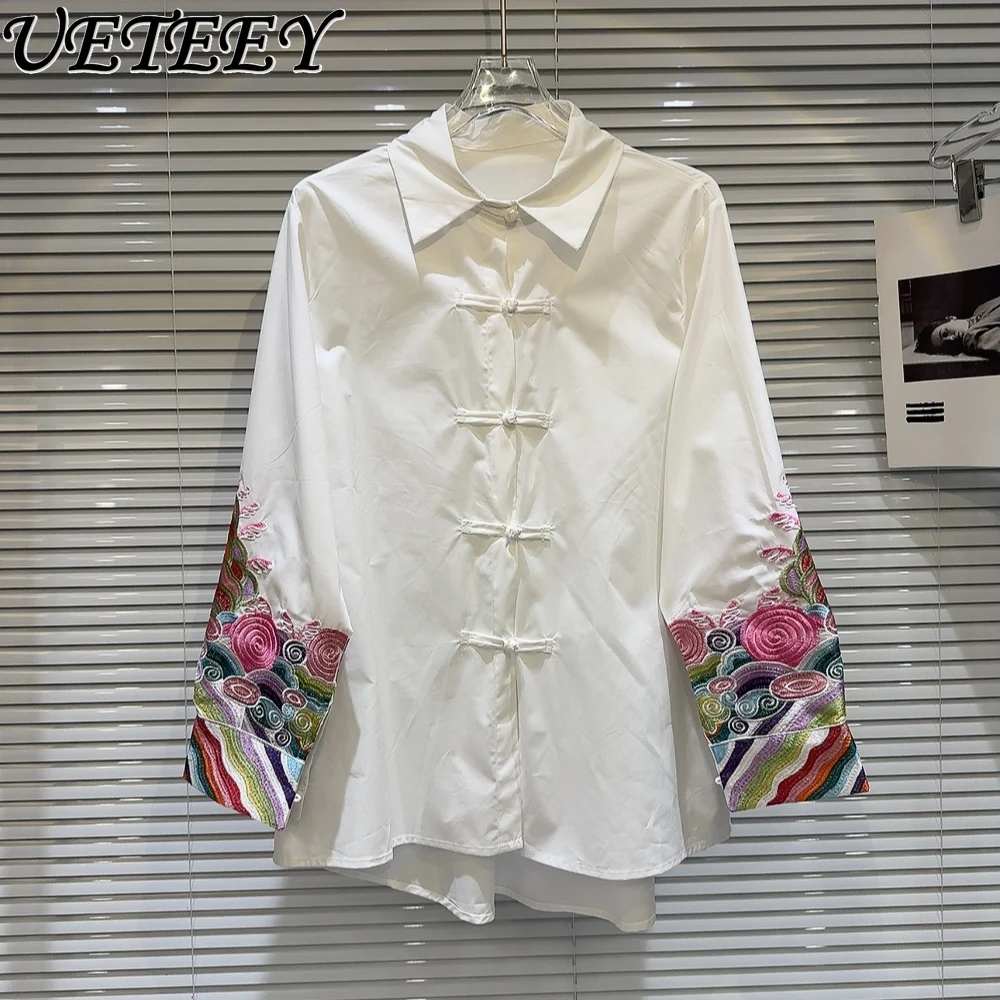 2024 Spring New Chinese Style Cuff Color Embroidery Pattern Buckle Design Shirt White All-matching Tops Camisas for Women